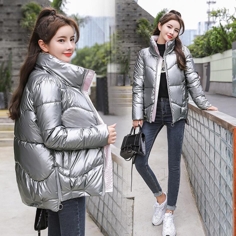 

Хлопковая женская зимняя одежда 2025 года, новый воротник-стойка, короткая пуховая хлопковая одежда, свободные блестящие куртки-«булочки», стеганые куртки S серый