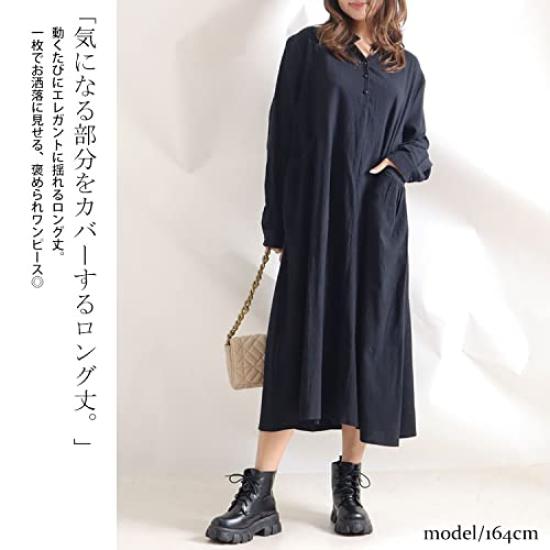 Gold Japan Plus Size Long Sleeve Solid Korean 5L Women's Dress, Wrinkle-Resistant Cotton, Color, Pockets, Style, Goldy-884, Navy,