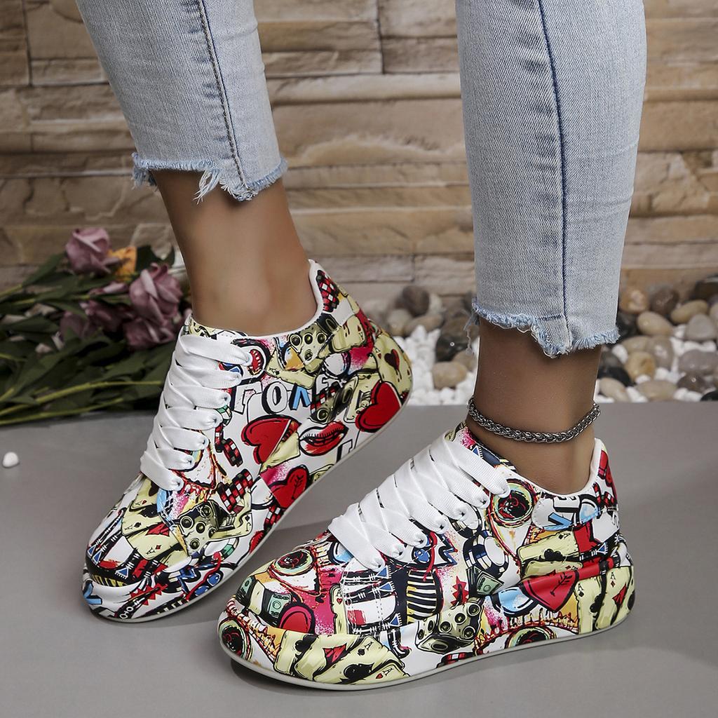 Sneakers Mode bemalt Graffiti Übergröße Sport Damenschuhe neu Oberbekleidung Schnürung bequem Plateau weiße Schuhe