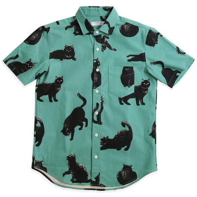 Quintet Black Cat Print Short Sleeve Made In Cat Animal Shirt, Men's Shirt, Japan, Print, Print, 01-79416 (M, Green)