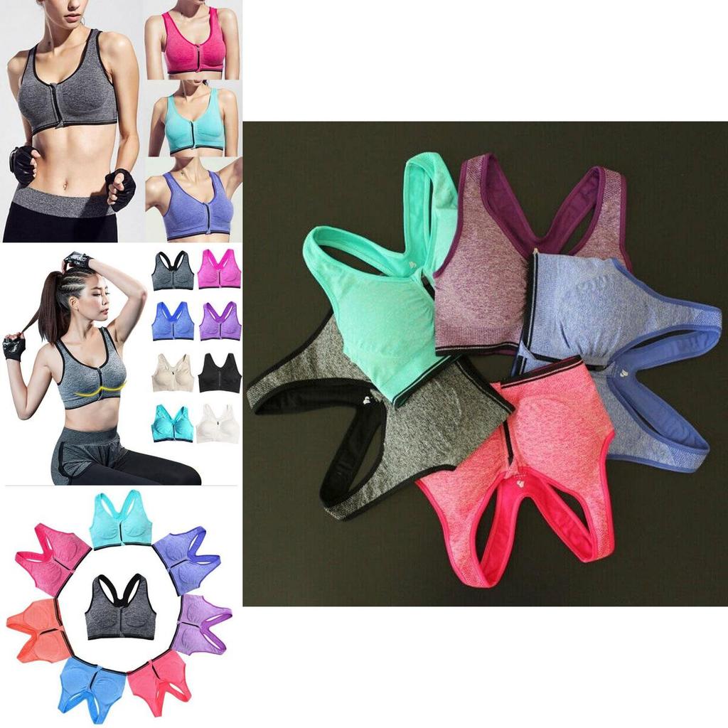 Womens Zip Front Wireless Padded Sports Bra Yoga Cami Push Up Support Top Vests