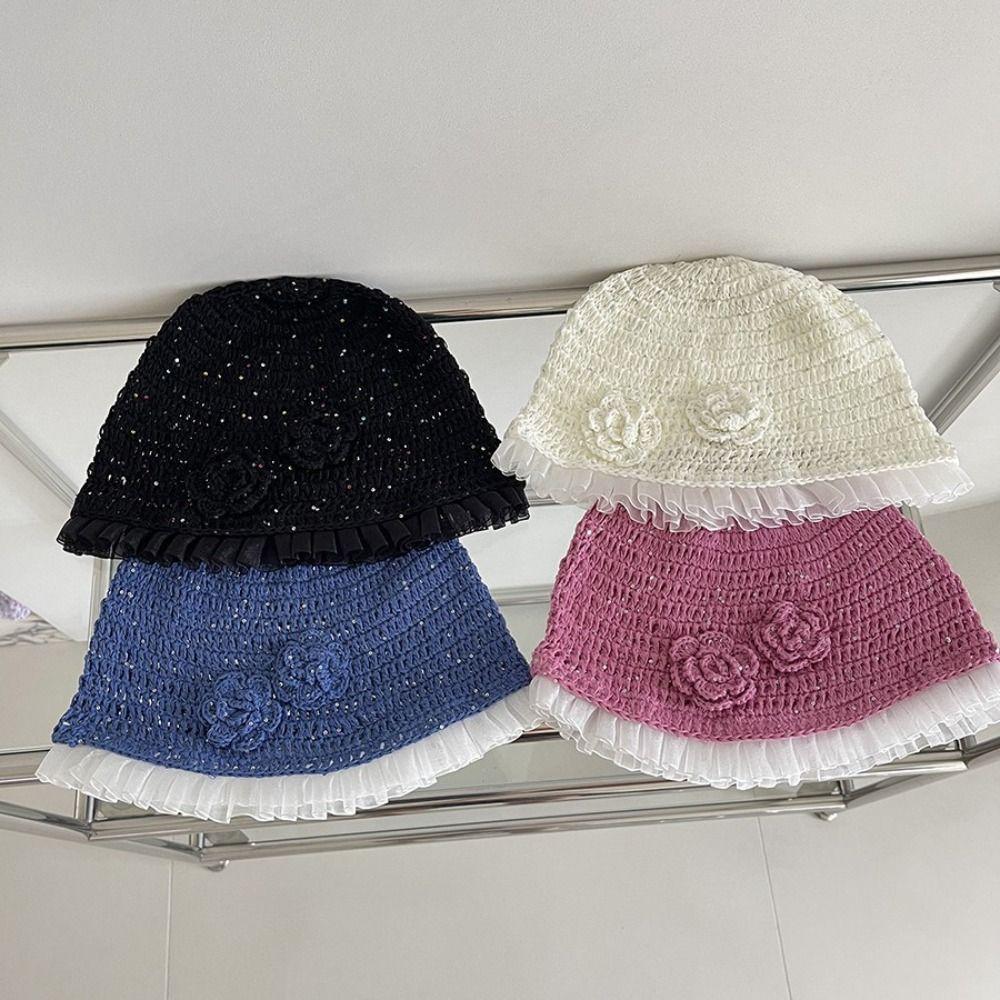 Hollow Out Lace Beanies Hat Glitter Sequin Knitted Hat Cute Crochet Flower Hat  Apparel Accessories
