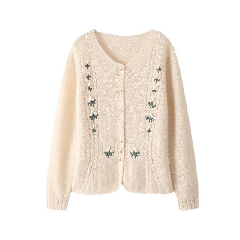 Hand-embroidered Round Neck Wool Cardigan for Women In Autumn and Winter Cashmere Knitted Top Three-dimensional Flower Temperament Versatile Jacket
