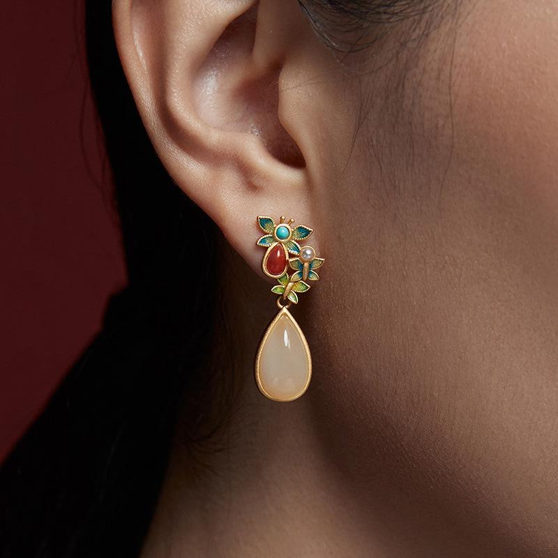 Hetian Jade Ear Hook Earring Women's High-end Temperament Ethnic Retro Earrings Cloisonne Craft Dangler Gift