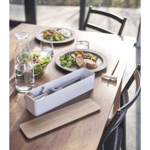Yamazaki Cutlery Case with Lid, Long, Natural, Approx. 32.7 X 7.5 X 8cm, Rin, Dustproof, with Dividers, 5406