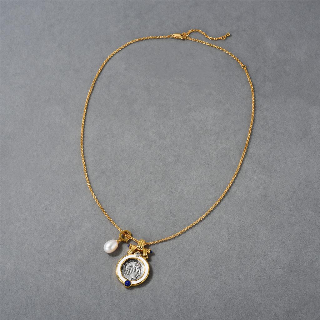 Vintage Heavy Industry Creates Double-Sided Embossed Sun God Apollo Ancient Coin Natural Pearl Pendant Necklace