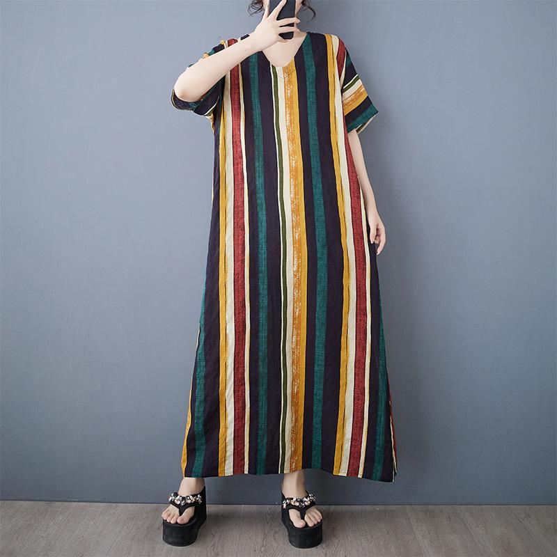 Summer Thin Cotton Linen Print V-neck Loose Oversized Simple Casual Vacation Style Medium Long Dress for Women Dresses