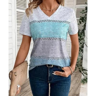 Summer Women Short Sleeve V-Neck Plus Size T Shirt For Women Fashion Ladies T-Shirt  Retro Striped Print Tops Casual Clothes