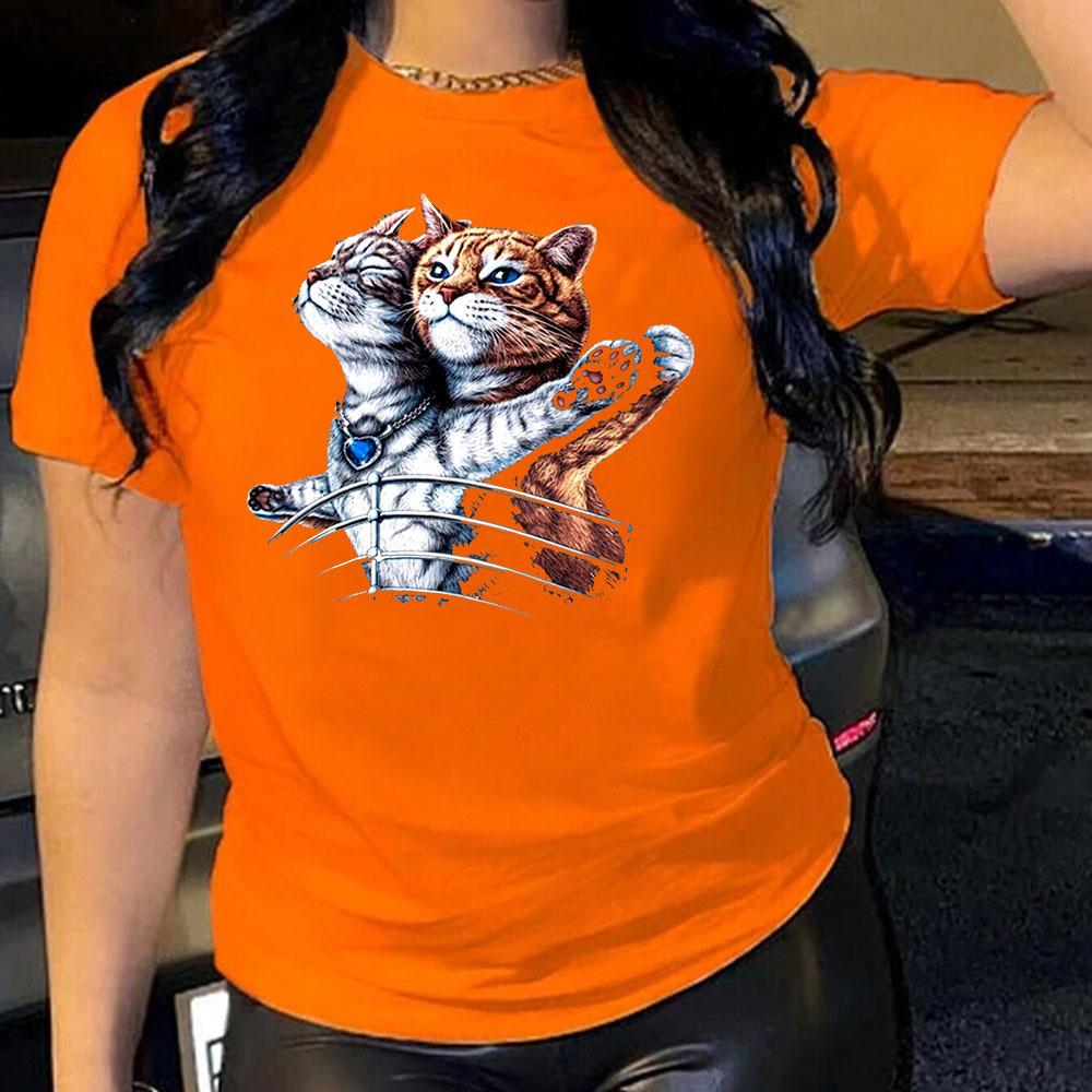 Cute Cat Fashion Harajuku Style Pure Cotton Printed Women's Round Neck Short Sleeved T-shirt