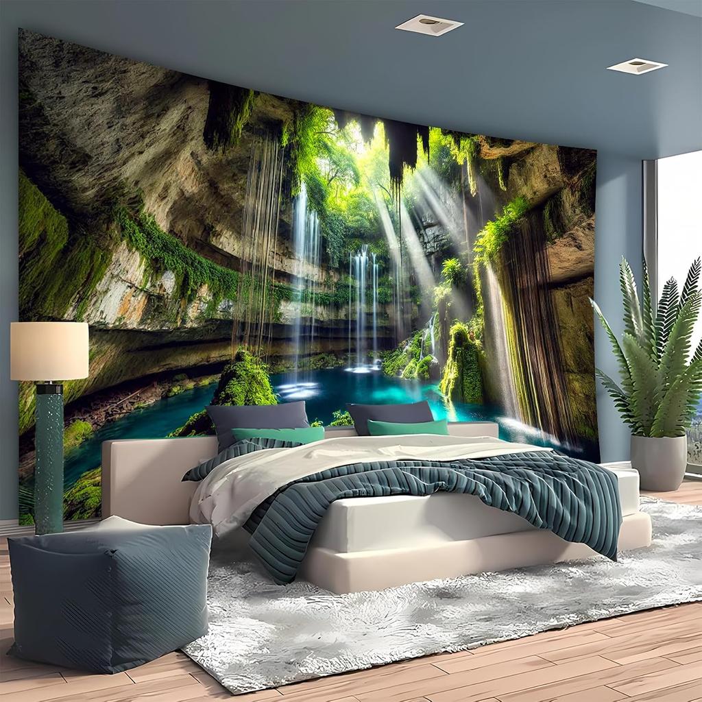 Magical Cave Waterfall Wall Mural Green Moss Jungle Wallpaper for Living Room Decor