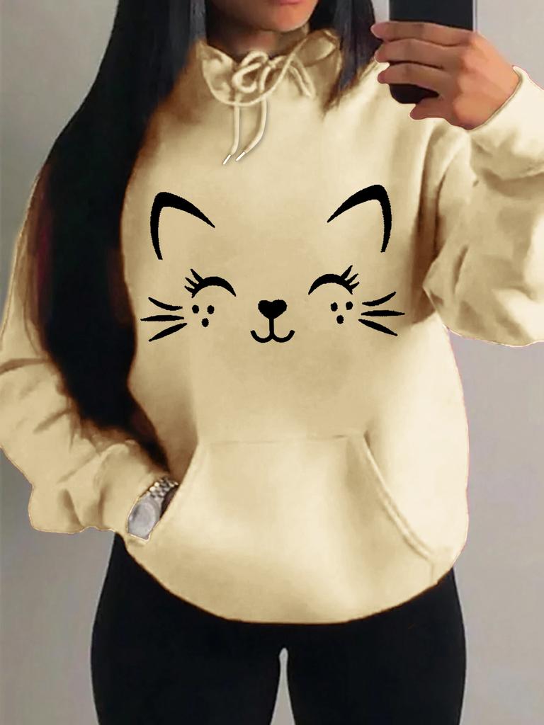 Simple Cat Smiley Face Pattern Women's Hoodie Fashionable Casual Street Trend Personality Hip Hop Hoodie Trendy Pullover Graphic