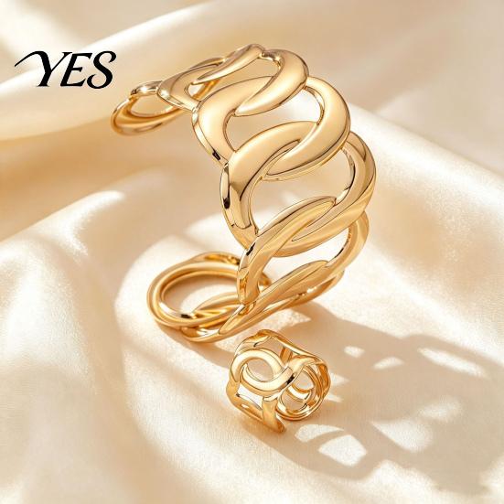 Daily Wear Jewelry Set 2Pcs Hollow Twisted Statement Set, Open Adjustable Cuff Bangle Women Bracelet Ring Sets & Wide Ring, Golden Plated Metal