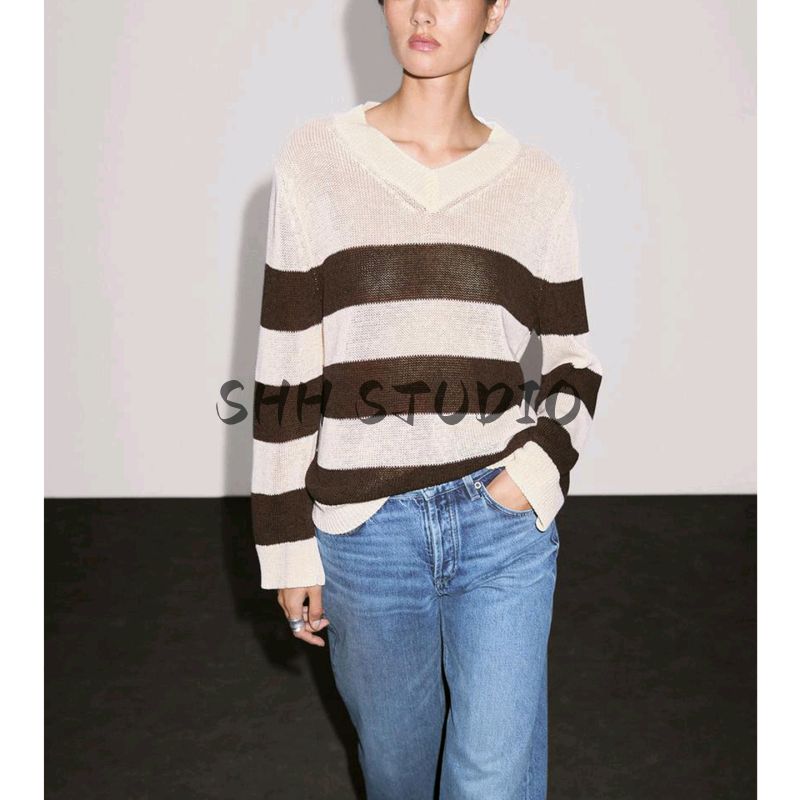MD Spring/Summer New Arrival Women's Clothing Casual Nautica Style Lightweight Stripes V Neck Sweater Long Sleeve Knitwear 5790728