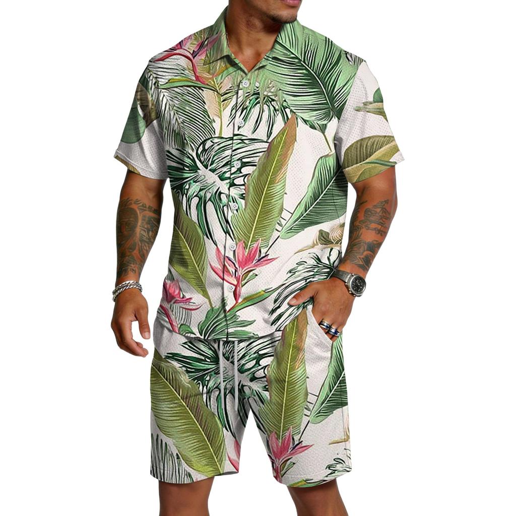 Men's Casual Printed Top and Drawstring Shorts Set Lightweight Breathable Set for Summer