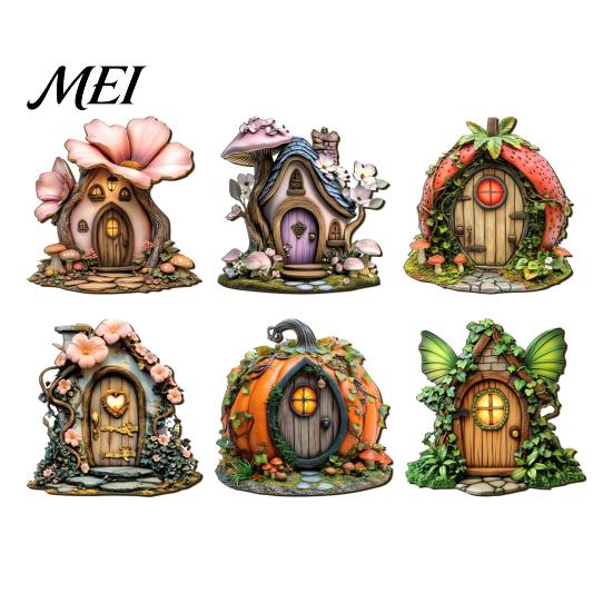 Wooden Crafts Decoration Fairy Garden Decoration, Tree Hollow Cottage Door with High-Definition Elf Light UV Printing, Waterproof Acrylic Outdoor
