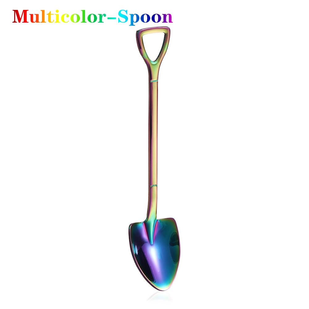Multi-color Stainless Steel Spoon Fork Shovel Shape Ice Cream Spoon Creative Long Handle Ice Cream Coffee Tools Kitchen Supplies