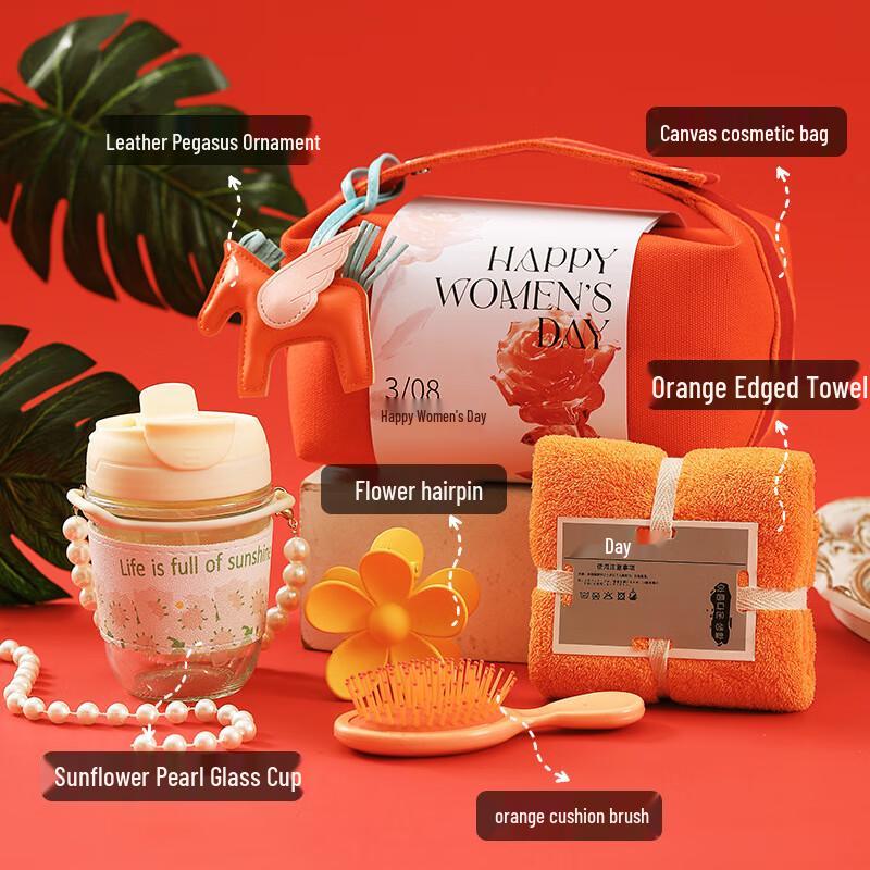 Ailanhui Jia AQ Women s Day Gift Sets Glass Cup, Hair Clip, Comb, Towel, Cosmetic Bag