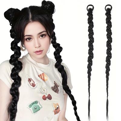 2 adet Sentetik Uzun Düz At Kuyruğu Peruk Uzatma Elastik Bükülmüş Örgü At Kuyruğu Peruk Kadınlar Için Günlük Giyim