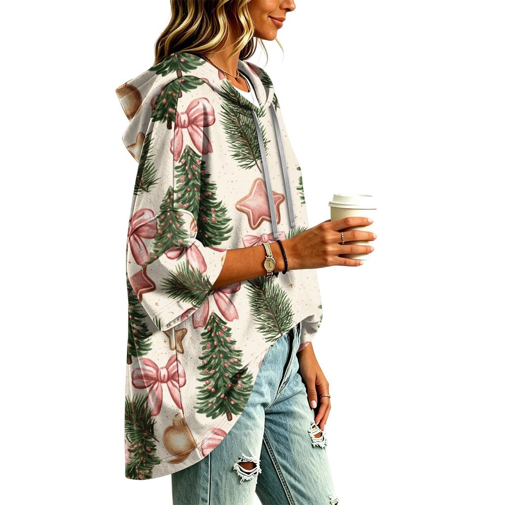 Women's 3/4 Sleeve Christmas Print Hooded Pullover Top Casual Holiday Outfit