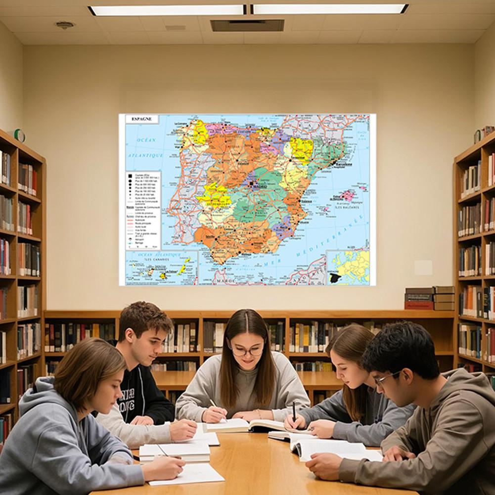 Fransk Kart-Spania Administrativt Kart-Rammeløs Pedagogisk Veggkunstdekor,Gave til Språklærere&Geografi-entusiaster