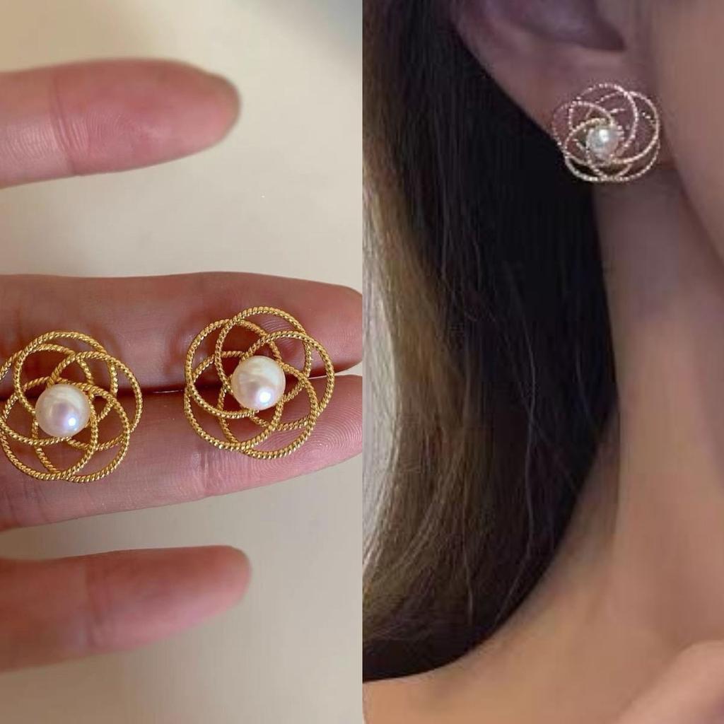 Flower Twist Metal Earrings Without Piercings Imitation Pearl Earrings for Women