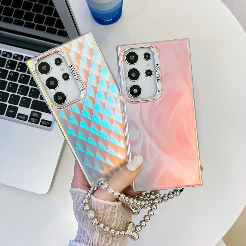 Samsung S25ultra Electroplated Laser Phone Case Suitable for S24plus Feather A56 Pearl Bracelet Hard Set