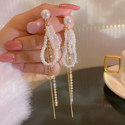 French Retro Pearl  Bow Tassel Dangle Earrings For Women  Elegant Tassel Jewelry Party Gifts