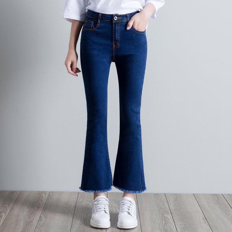 Women's Korean Style High-Waisted Cropped Flare Jeans with Slimming Stretch and Fringe Hem.