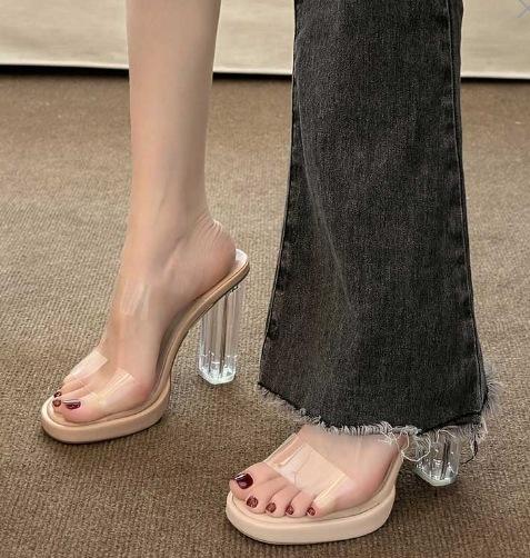 

Crystal slippers women s summer transparent high heels thick heel sandals fashionable niche wear sandals 42