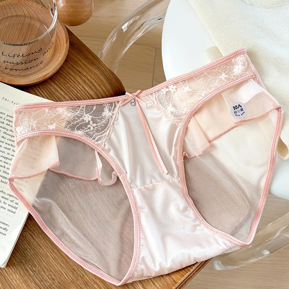 Women's Panties Transparent Mesh Lace Panties Ruffle Edge Thin Bow Ribbon Sweety Underwear Sexy Female Lingerie Plus Size