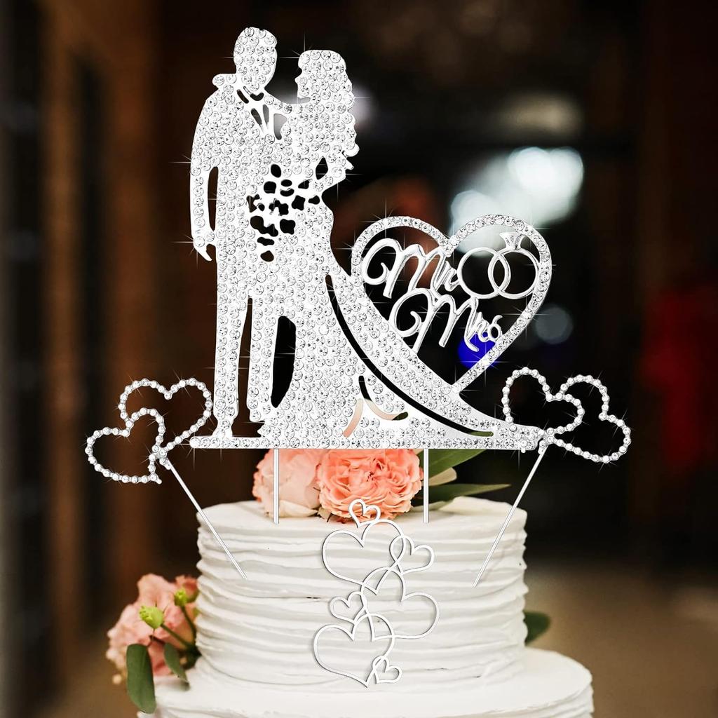 Silver Rhinestone Metal Love Wedding Cake Topper Mr and Mrs Cake Topper  Anniversary Cake Topper Heart Cake Topper for Wedding