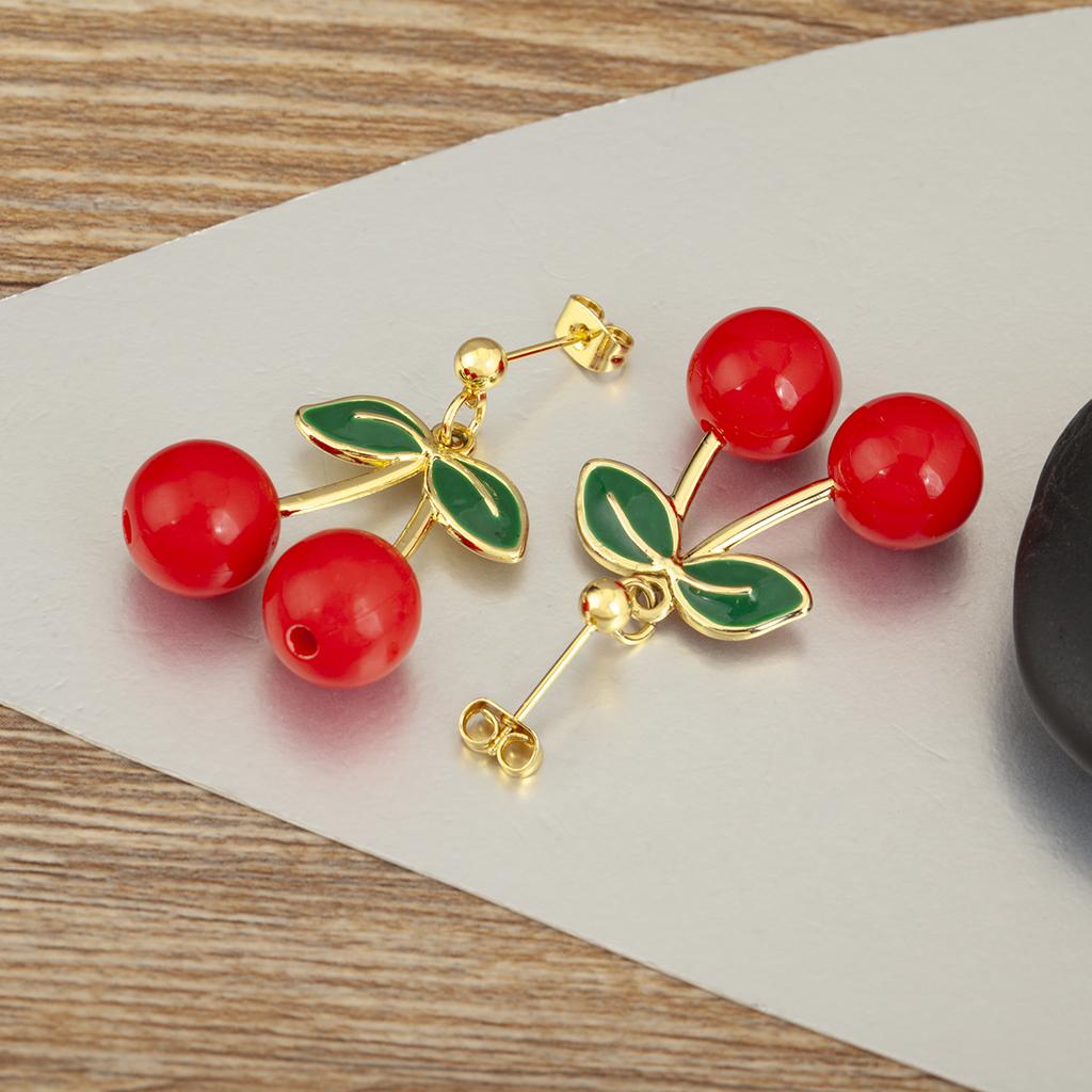 Nidin New Fashion Cherry Shape Glossy Drop Earrings For Women Female Anniversary Party Sweet Temperament Style Ear Jewelry Gifts