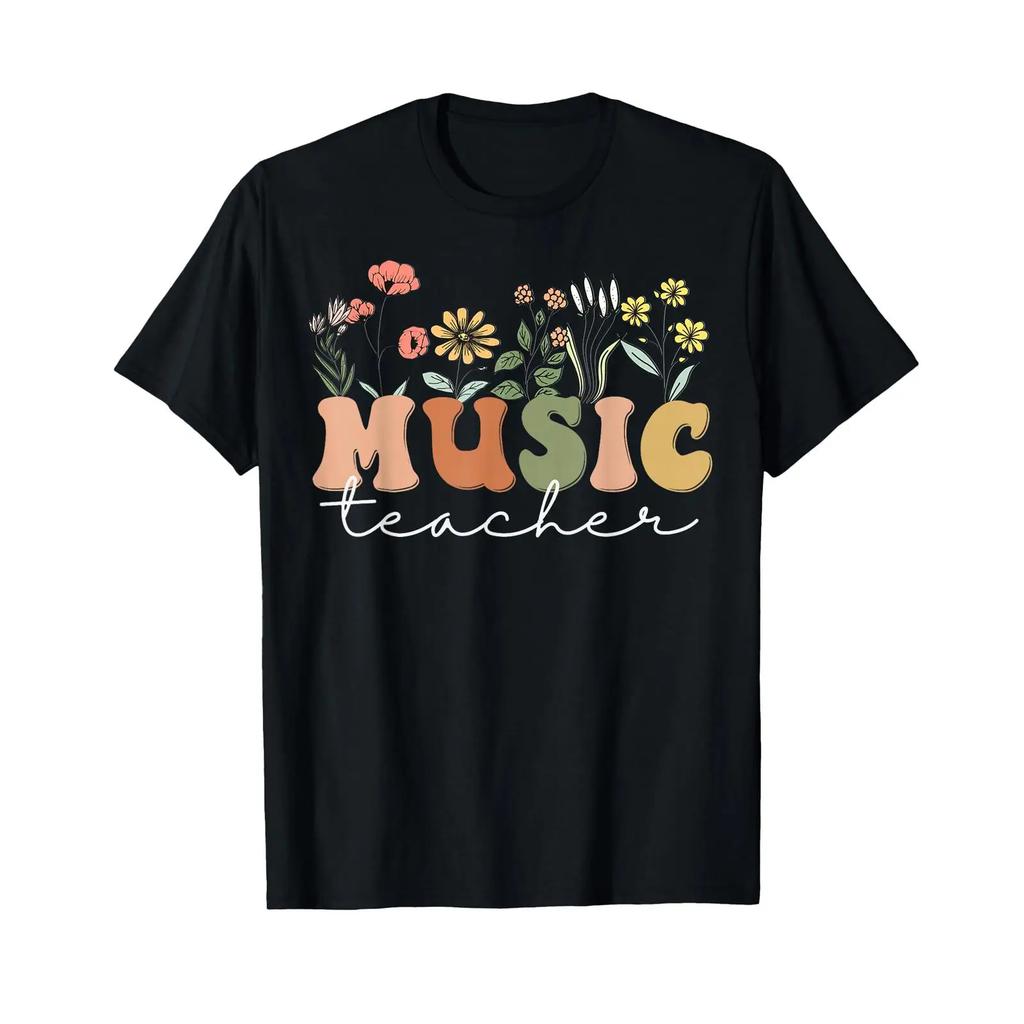 Wildflowers Music Teacher Retro Floral Letters Design T Shirt Vintage Casual Breathable Versatile Graphic Unisex Fashion
