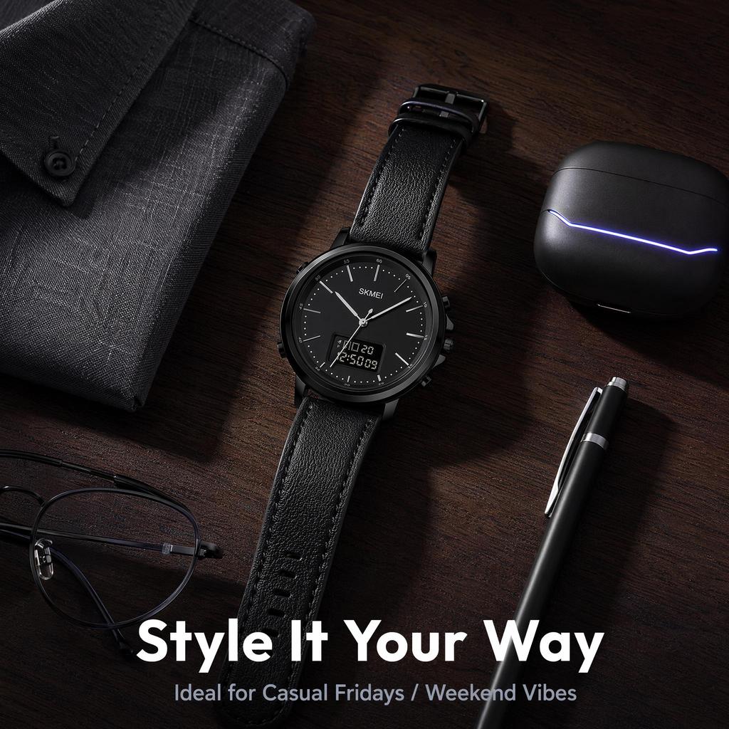Men's Watch SKMEI Leather Strap 50M Waterproof LED Backlight 1652