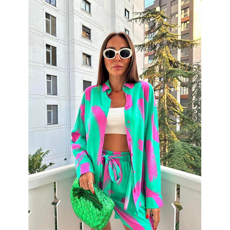 European and American Style Shirt Set for Women,-Border Elastic Waist Tie Large Size Shirt and Shorts Two-Piece Set for Summer