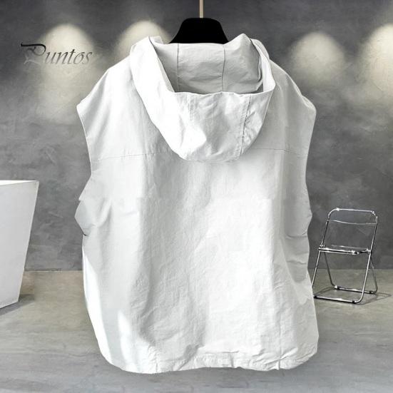Men Summer Vest Hooded Zipper Half Placket Sleeveless Hip Hop Style Vest Jacket Solid Color Quick-Drying Large Pockets Waistcoat