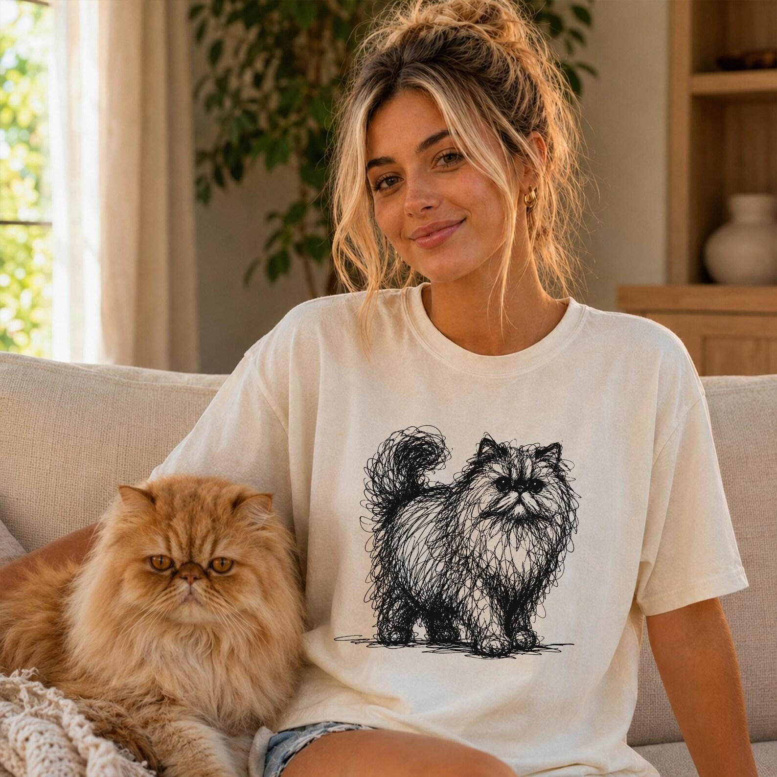 Persian Cat Line Art Shirt, Minimalist Scribble Persian Cat Sketch Tee, Abstract Cat T-Shirt, Persian Cat Mom Gift, Artsy Cat Tee L