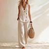 Women Casual Solid Color Button Sleeveless Vest Long Pants Vacation Two Piece Set