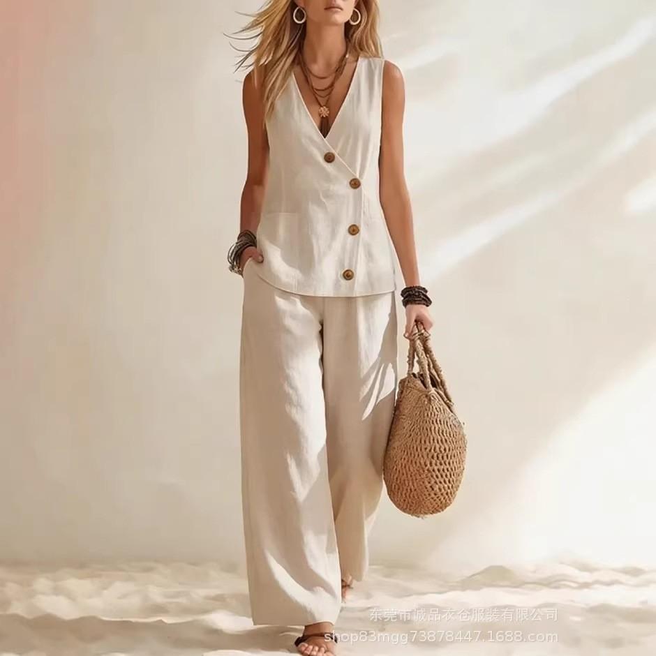 Women Casual Solid Color Button Sleeveless Vest Long Pants Vacation Two Piece Set