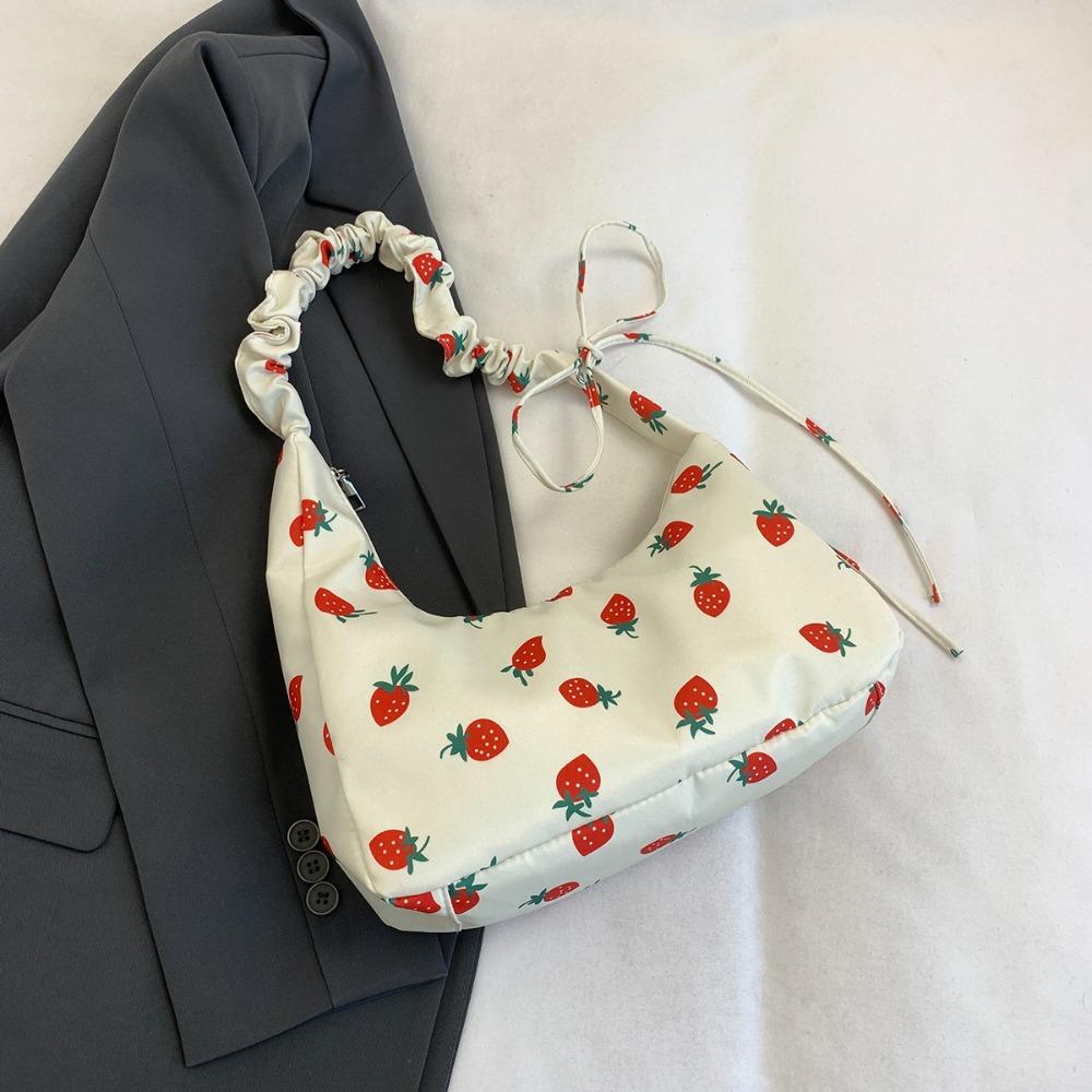 Cute Strawberry Printing Tote Bag Sweet Cherry Underarm Bag Portable Drawstring Shoulder Bag Girls