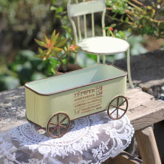 Yousheng Retro Metal Four-Wheeled Cart Decoration, Weather-Resistant Rusty Iron Cart Ornament, Potted Plant Succulents Display Rack for Living Room
