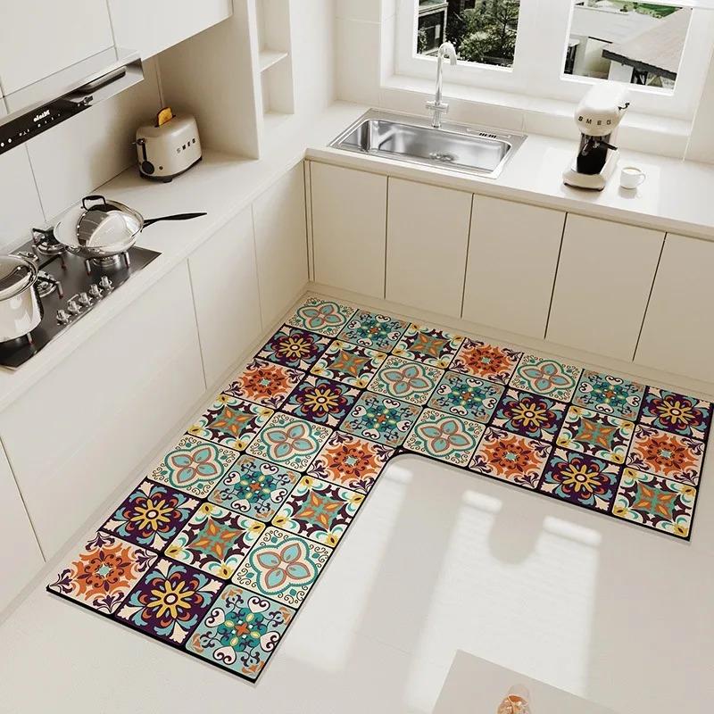 L Shaped Kitchen Rug Waterproof Oil Proof PVC Mat Non Slip Soft Floor Carpet Easy To Clean Simple Home Decor