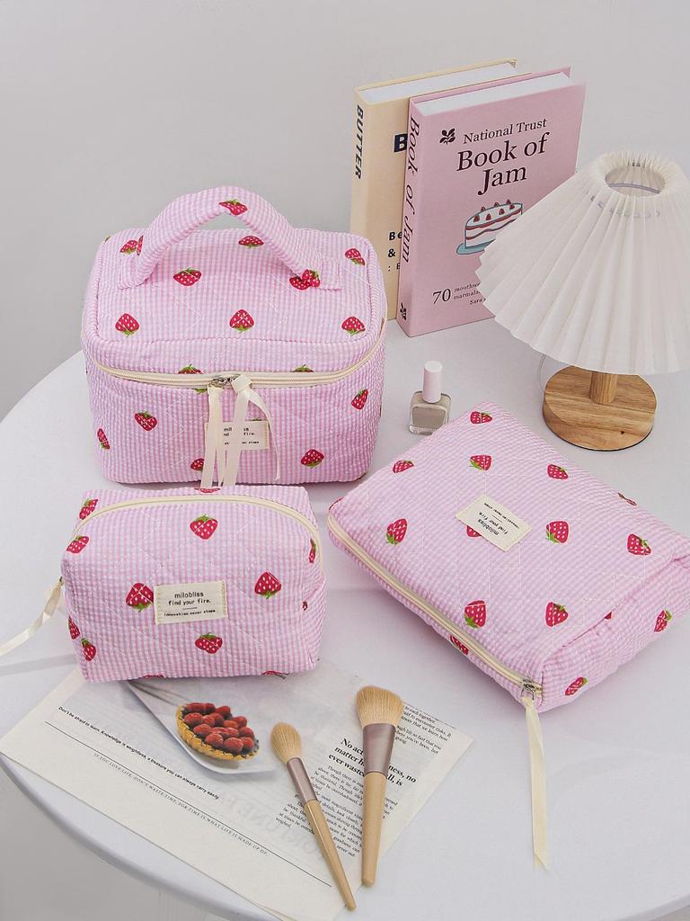 Stylish Quilted Cotton Makeup Bag with Cute Strawberry Design