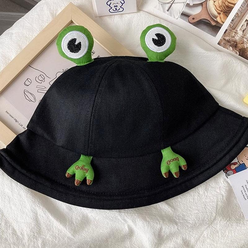 

Cute Frog Fisherman Hat for Women Spring Summer Cotton Wide Brim Sunshade Dome Bucket Cap Girls Panama Outdoor Hat Adjustable чорний