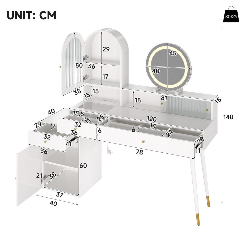 Sminkebord med LED-spejl, type-C & USB-port og 2 stikkontakter, fleksibelt L-formet design med glasplade, hvid. 140 (justerbar) *40 *140 cm