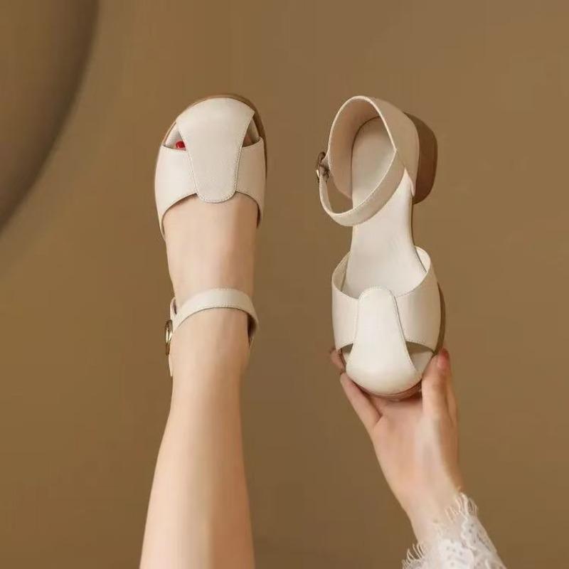 

Круглый носок ретро сумка на голову мягкие кожаные сандалии лето новые кожаные толстый каблук с полым высоким каблуком сандалии 35