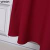 VONDA Elegant Women Casual  Round Neck Long Sleeve Front Pleated Long Swing Dress