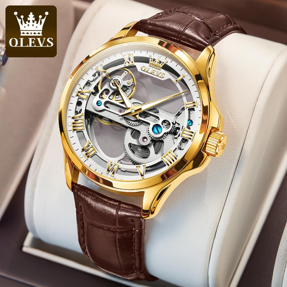 OLEVS 6661 Man Watch Luxury Fashion Leather Strap Fully Transparent Hollow Mechanical Wrist Watch for Men Original Men's Watches