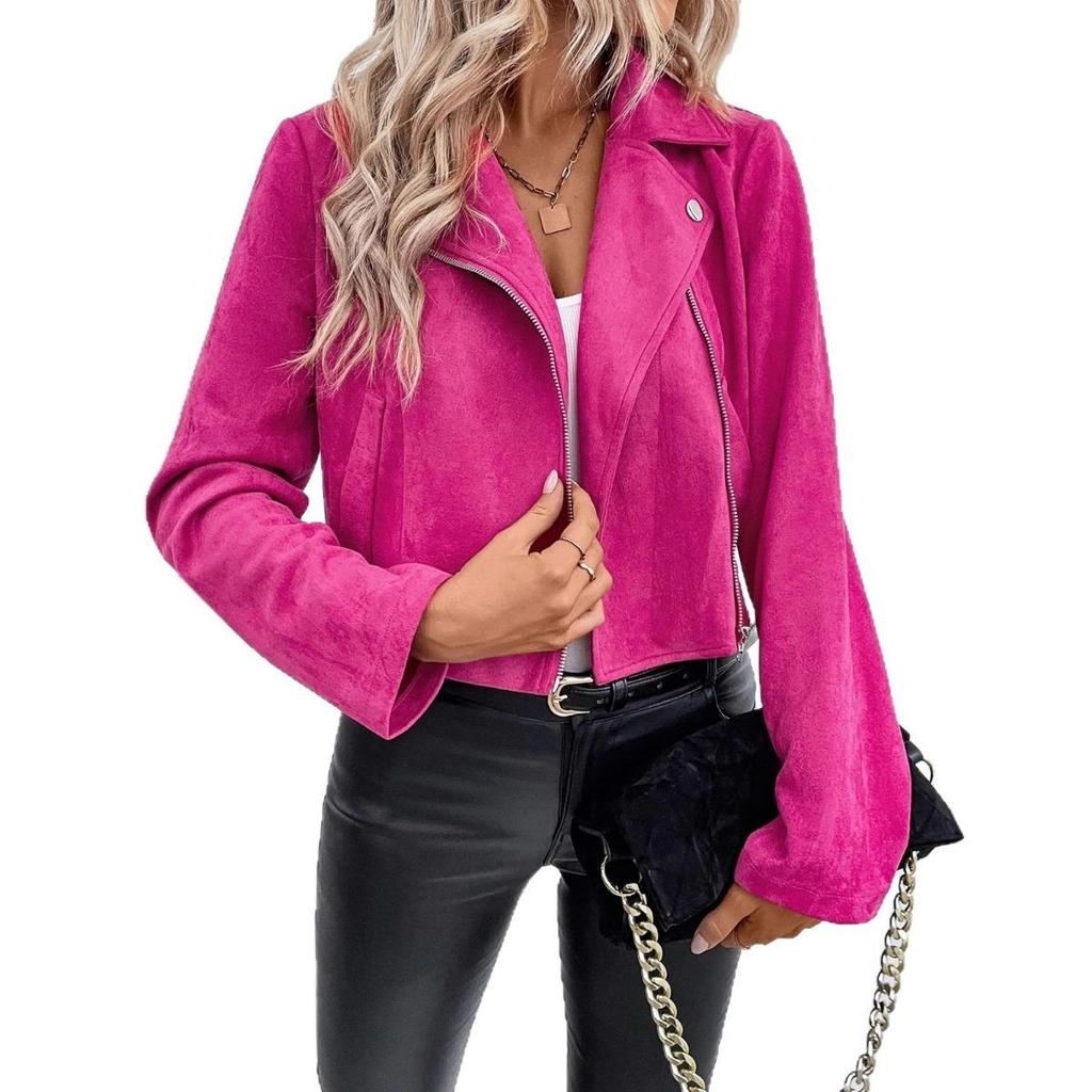 New Winter Women's Slim Short Lapel Zipper Jacket Faux Suede Outerwear for Europe and America