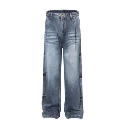 Mens Relaxed Straight Cut Distressed Washed Denim Jeans Wide Leg Long Pants Streetwear Hip Hop